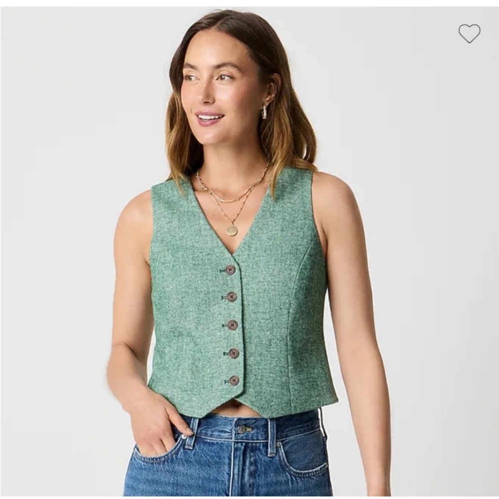 JCrew Green Herringbone Tweed Button-Up Vest